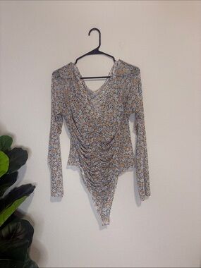 iris semi sheer Light Blue & Yellow Floral Ruched Long-Sleeve Bodysuit